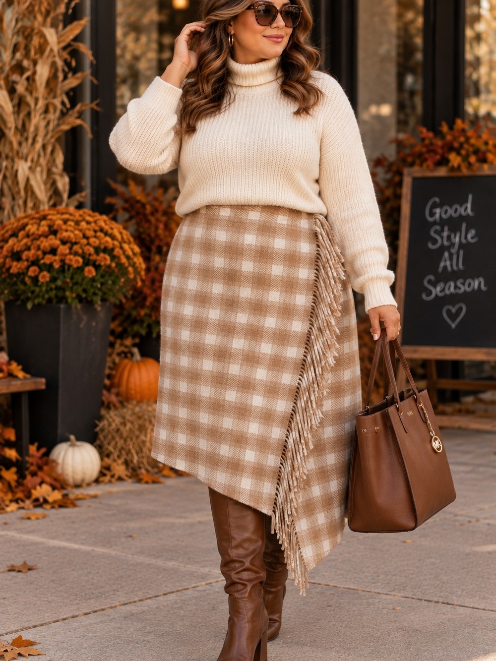 Time and Tru Plaid Fringed Faux Wrap Skirt Midi Skirt Brown & Cream XL